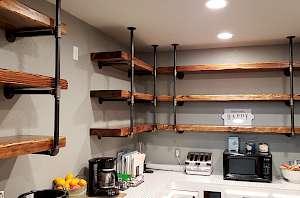 Custom shelving, open shelf, pipe mounted shelves,