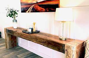 reclaimed bridge beams, couch table